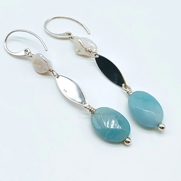 Sterling Silver Amazonite Freshwater Pearl Drop Earrings - Picture 1 of 6